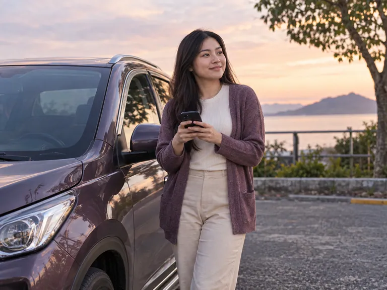 Pelanggan memegang telefon di sebelah kereta