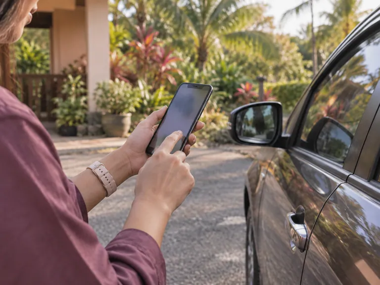 Tangan memegang telefon di sebelah tingkap kereta